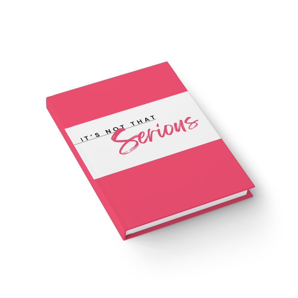 Pink notebook with white strip and text on a white background