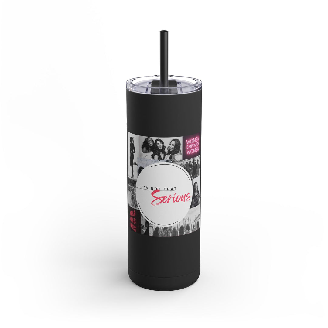 Black tumbler with a design and text on a white background