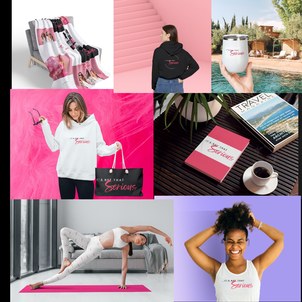 Collage of various products and scenes with a brand logo.