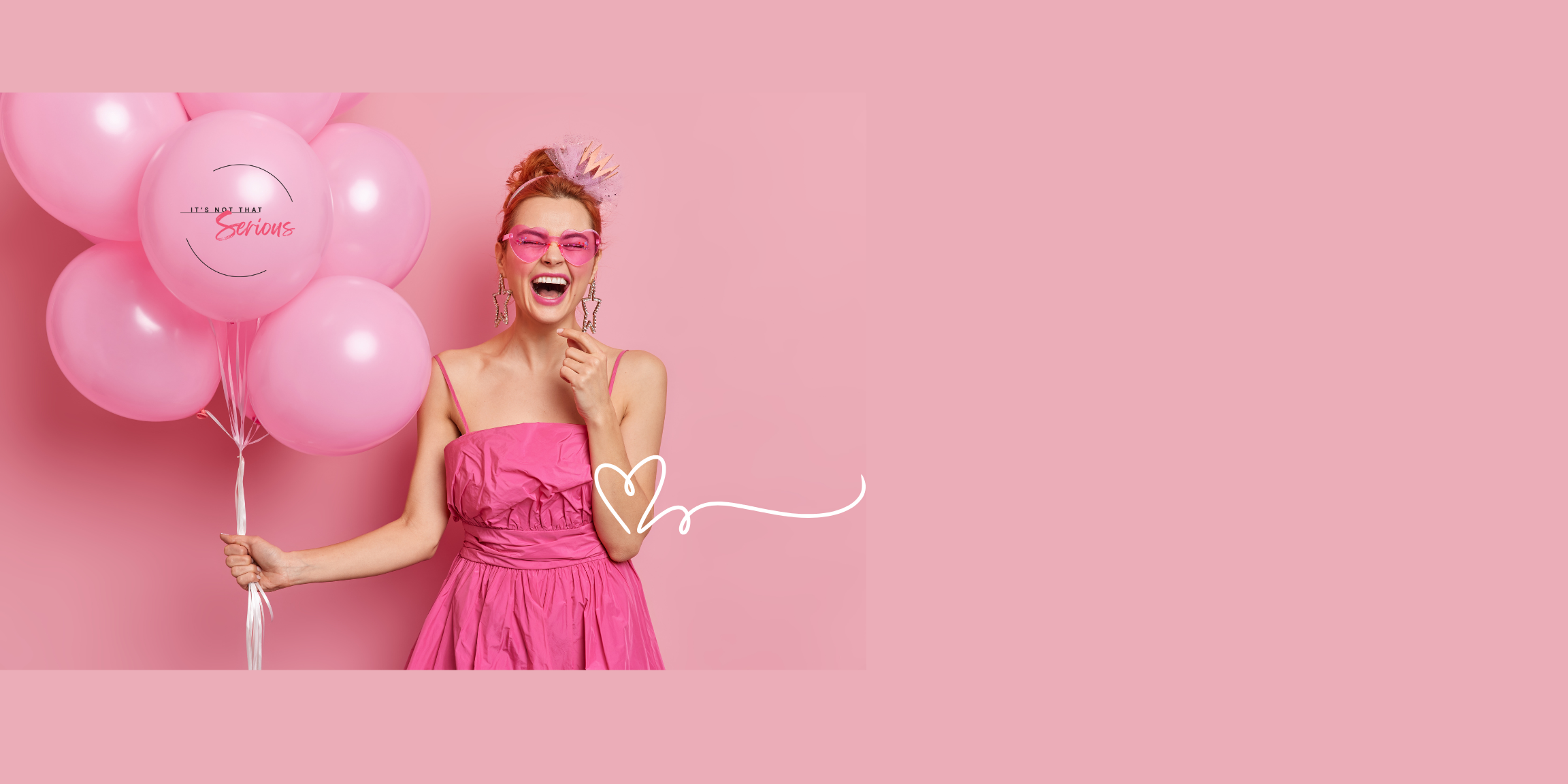 Woman in a pink dress holding pink balloons with a pink background