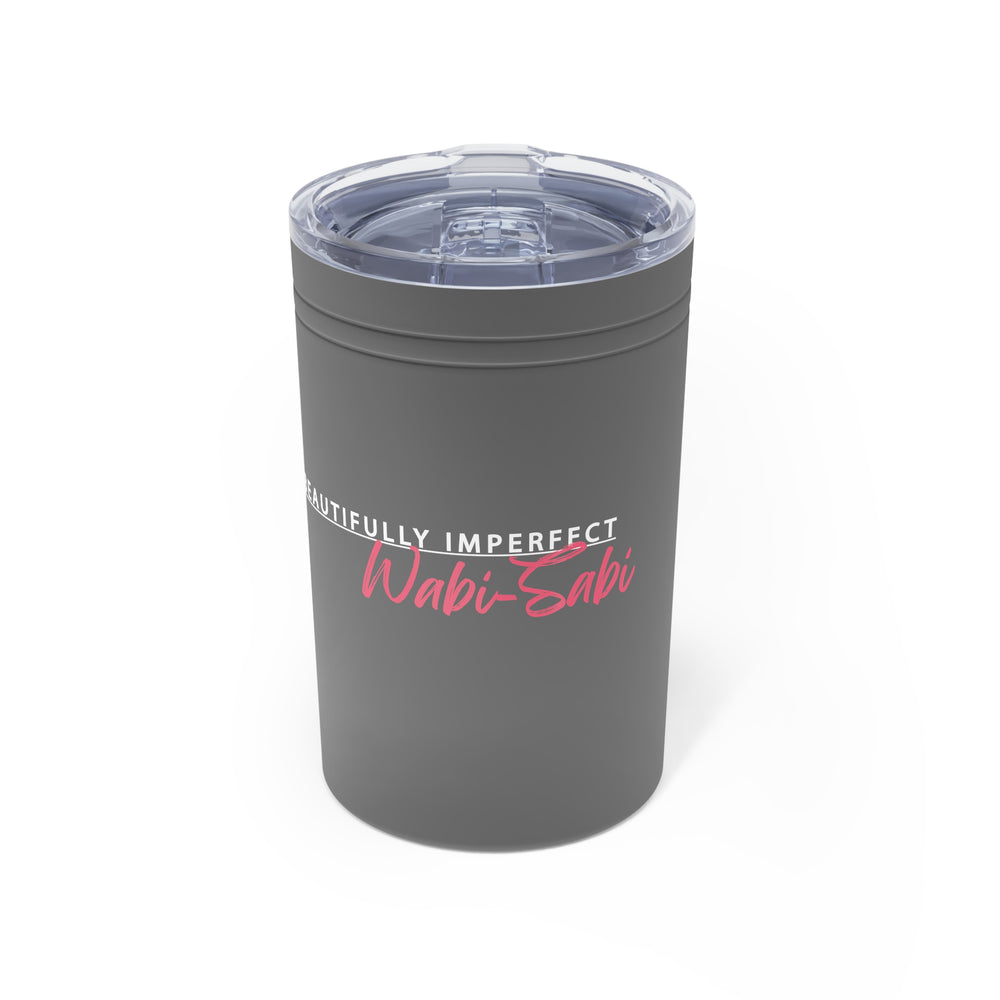 Gray tumbler with 'Wabi-Sabi' text on a white background