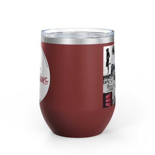 Red insulated tumbler with graphic design on a white background