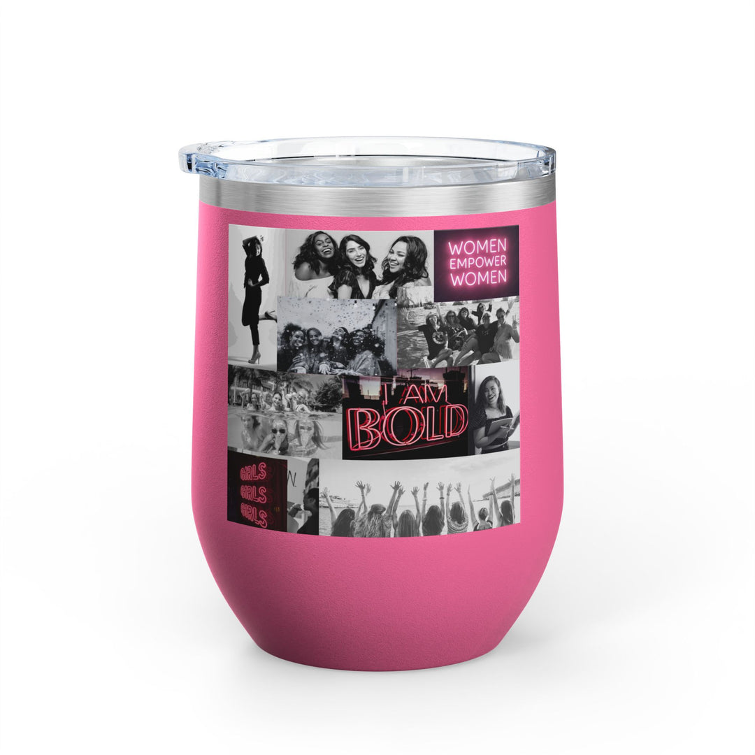 Hot pink tumbler with women's empowerment label on white background