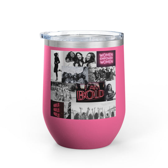 Hot pink tumbler with women's empowerment label on white background