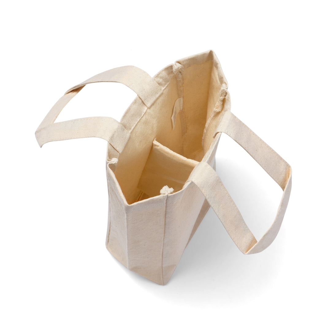 Beige fabric bag with handles on a white background