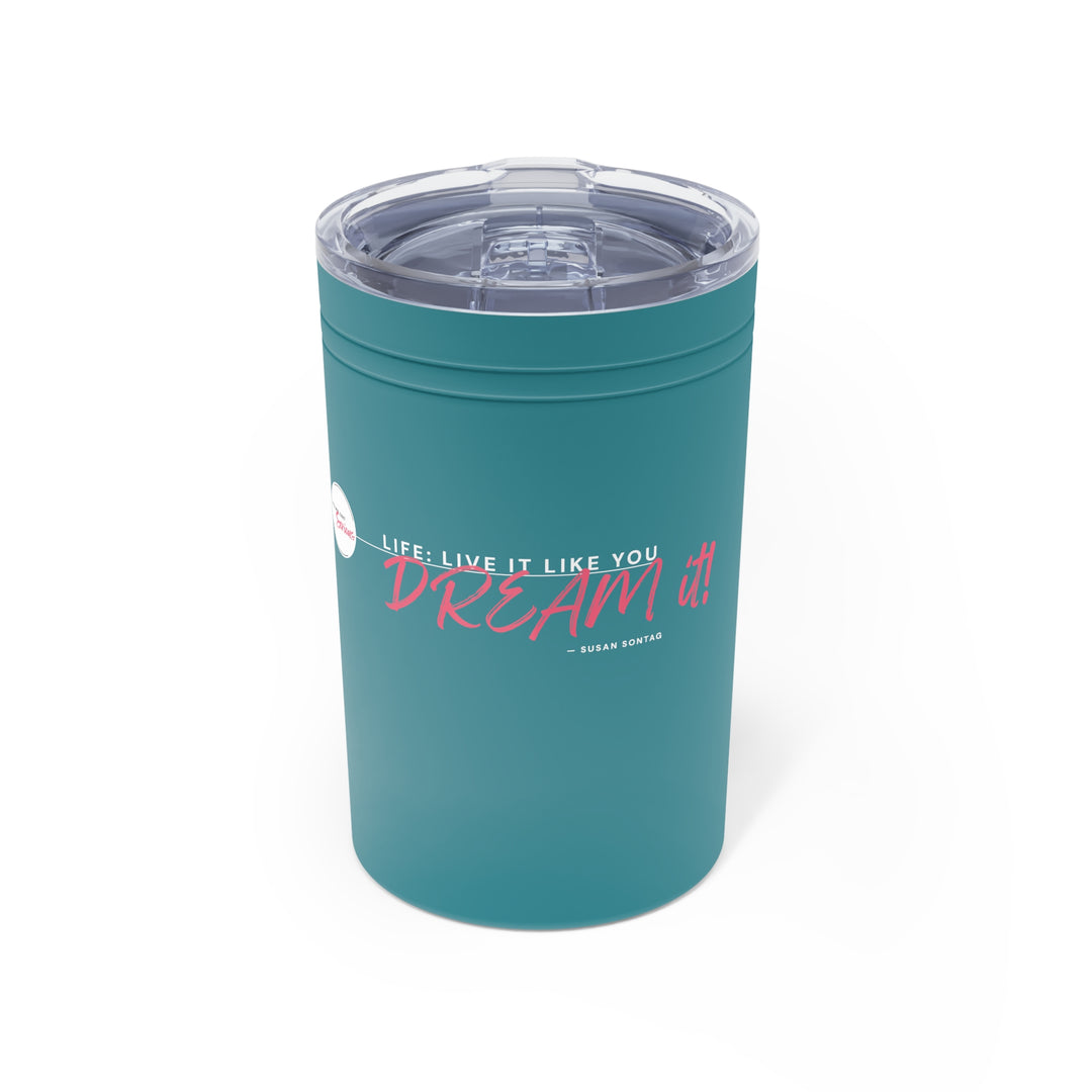Teal tumbler with motivational quote on a white background