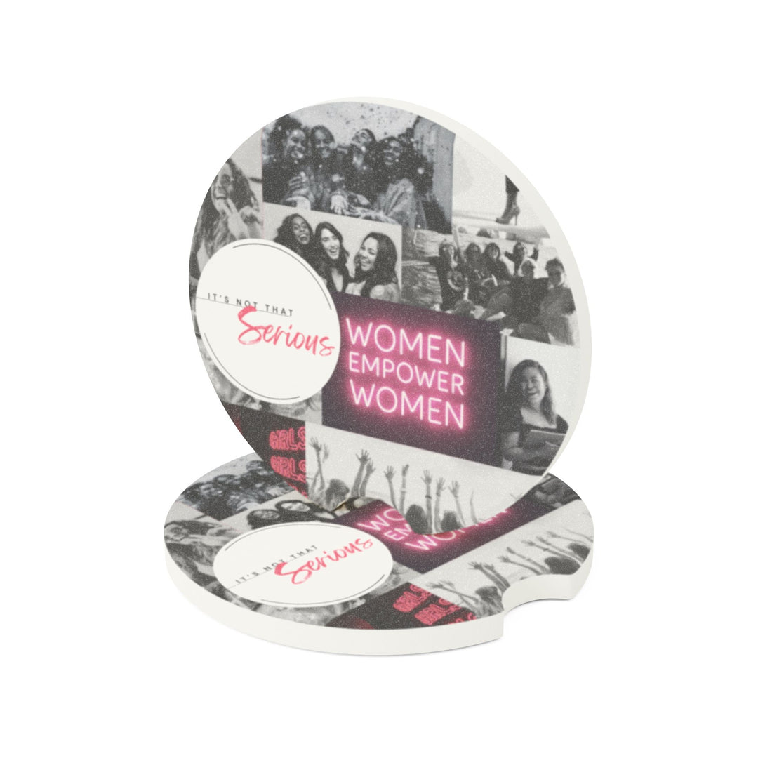 Circular product with black and white images of women and pink text on a white background
