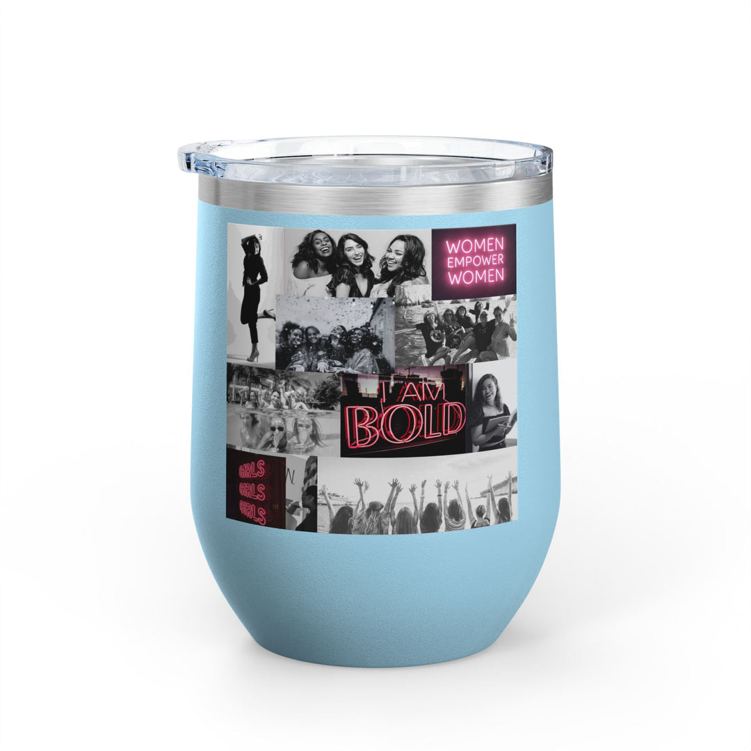 Blue tumbler with women's empowerment label on white background