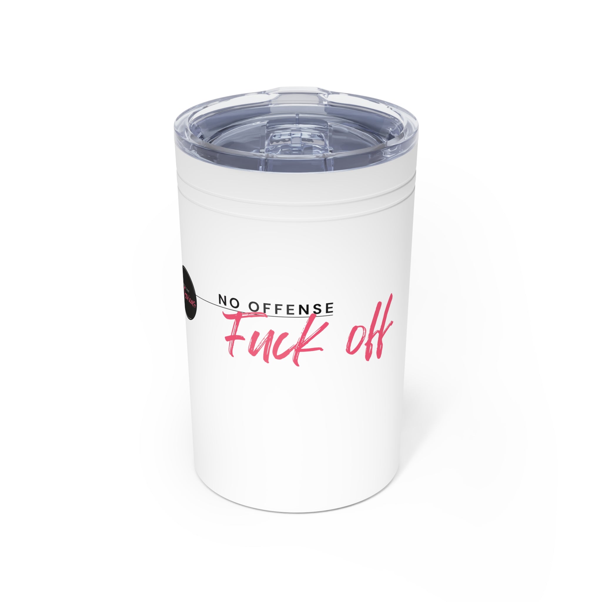 White tumbler with text on a white background