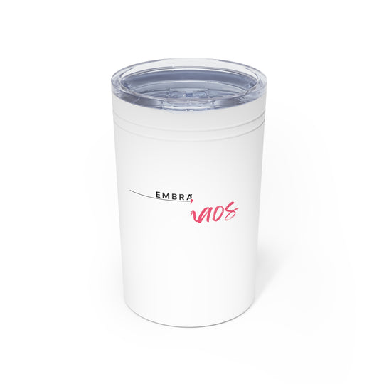 White tumbler with 'Embra' and 'AOS' text on a white background
