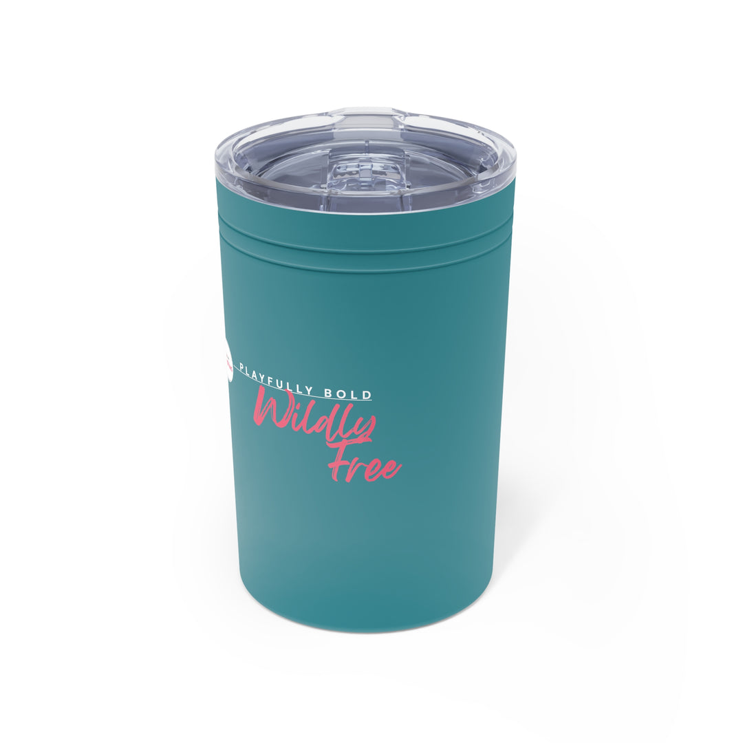 Teal tumbler with 'Playfully Hold Wildly Free' text on a white background