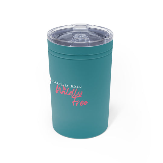 Teal tumbler with 'Playfully Hold Wildly Free' text on a white background