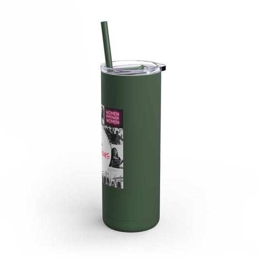 Green tumbler with a straw on a white background