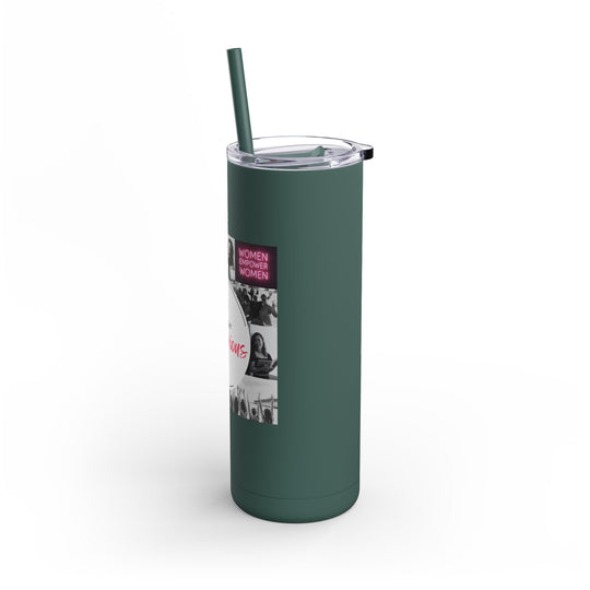 Green tumbler with a straw on a white background