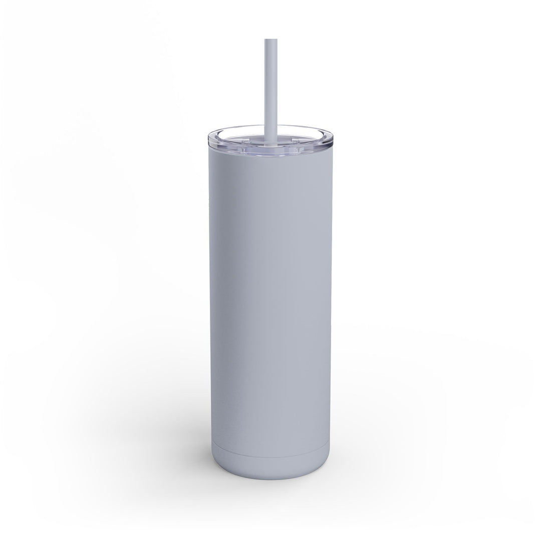 Gray tumbler with a straw on a white background