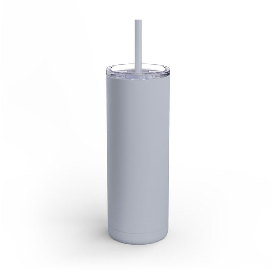 Gray tumbler with a straw on a white background