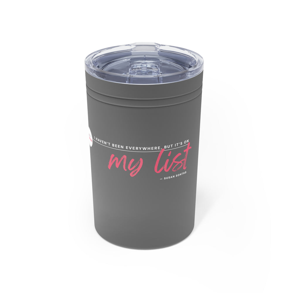 Gray tumbler with 'my list' text on a white background