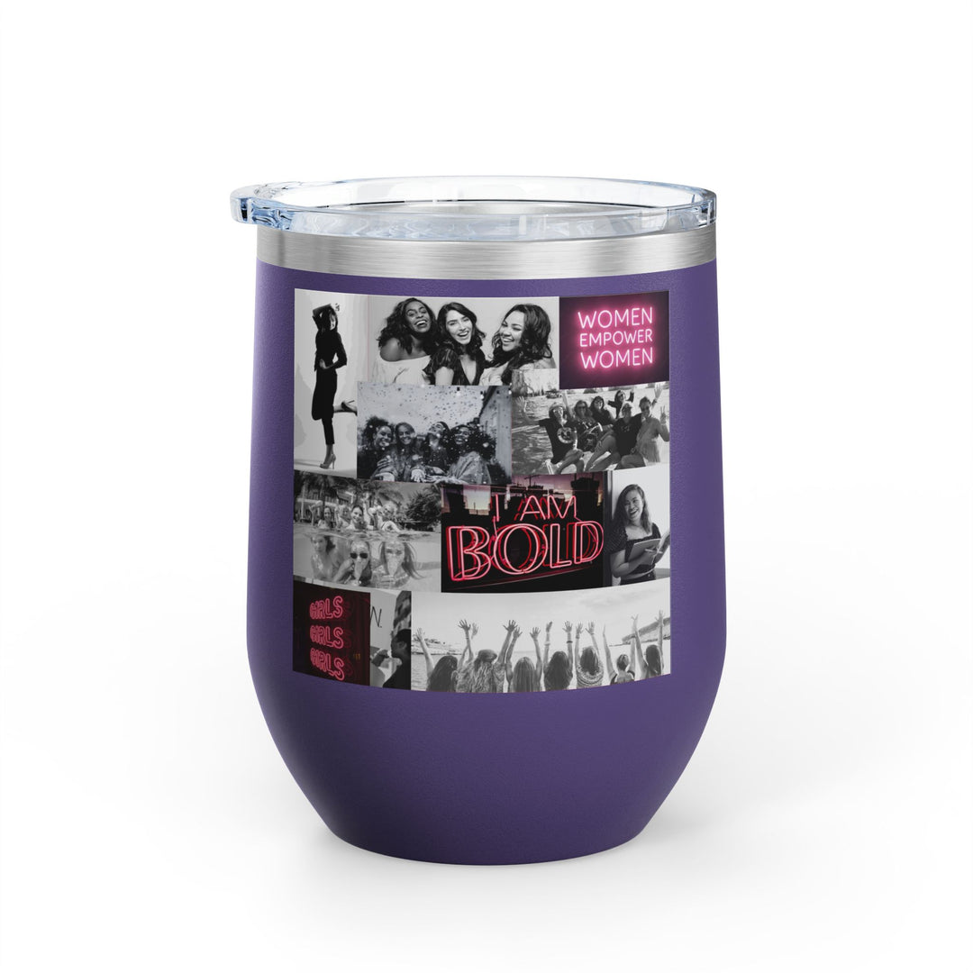 Purple tumbler with women's empowerment label on white background