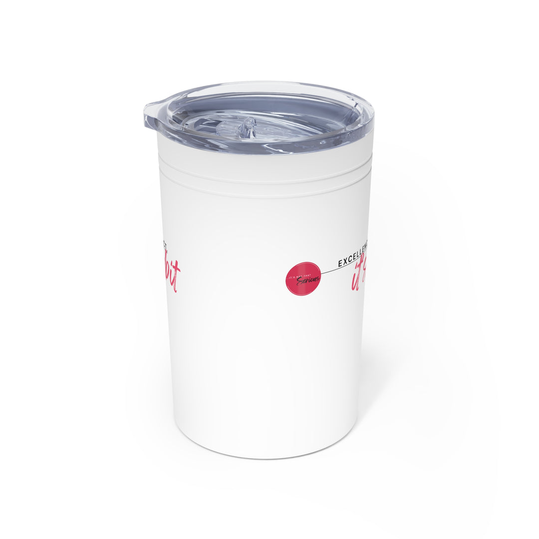 White tumbler with pink text and design on a white background