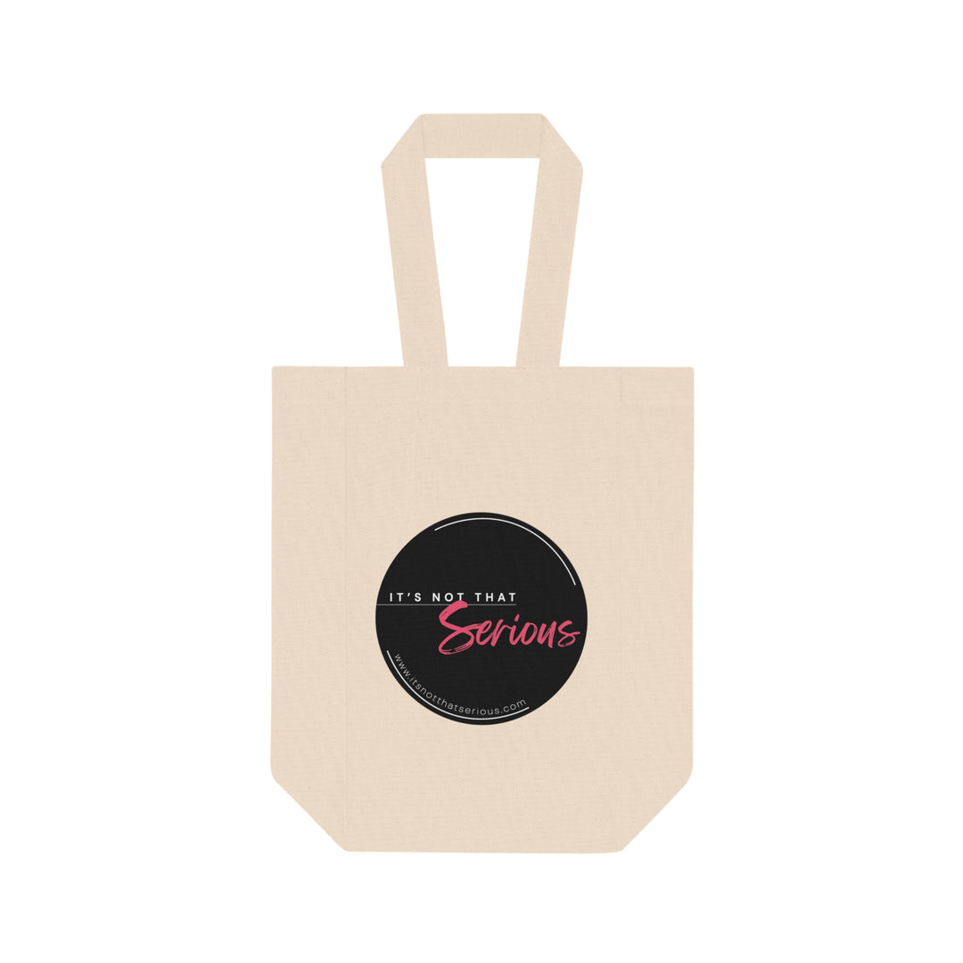 Beige tote bag with a black circular logo featuring text on a white background