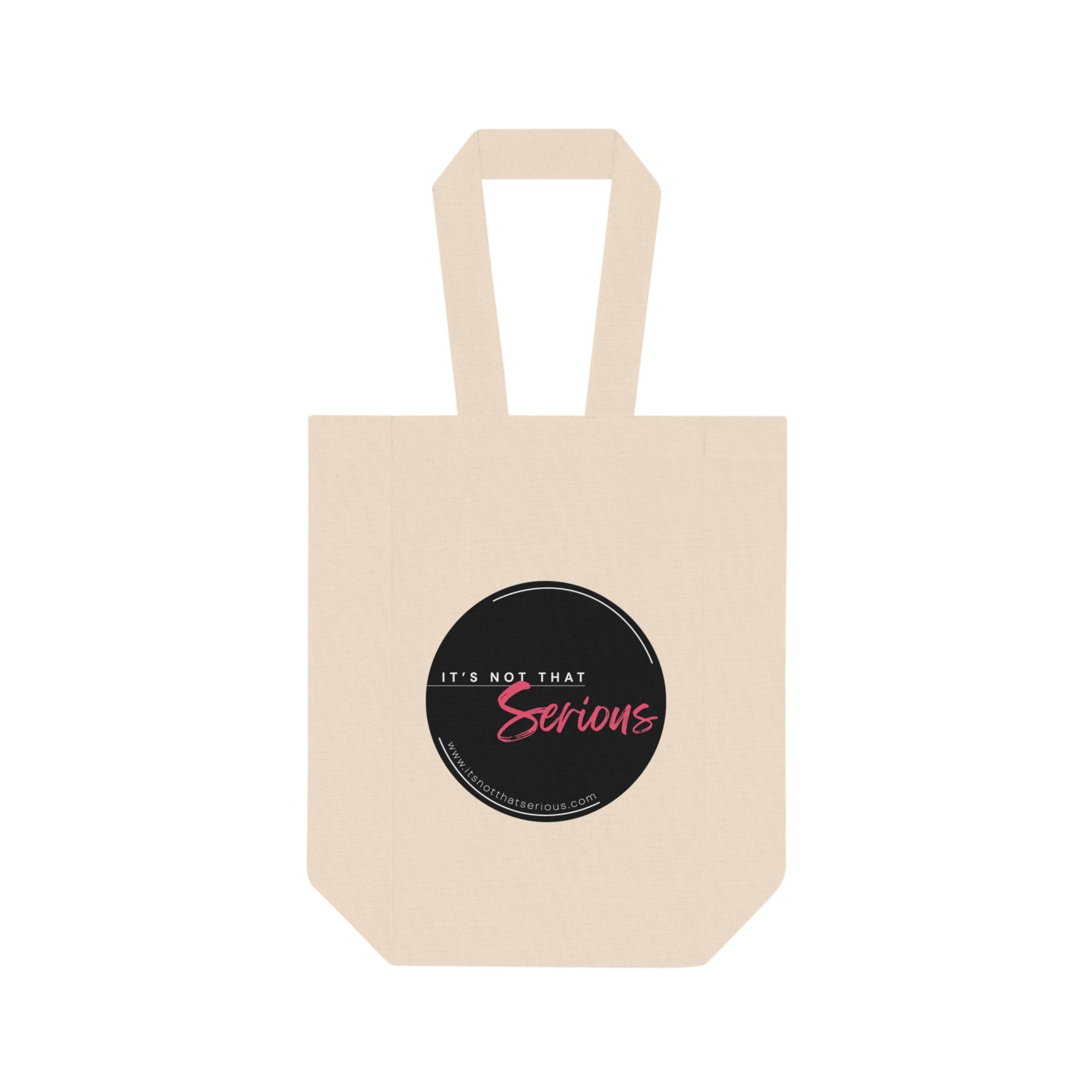 Beige tote bag with a black circular logo featuring text on a white background