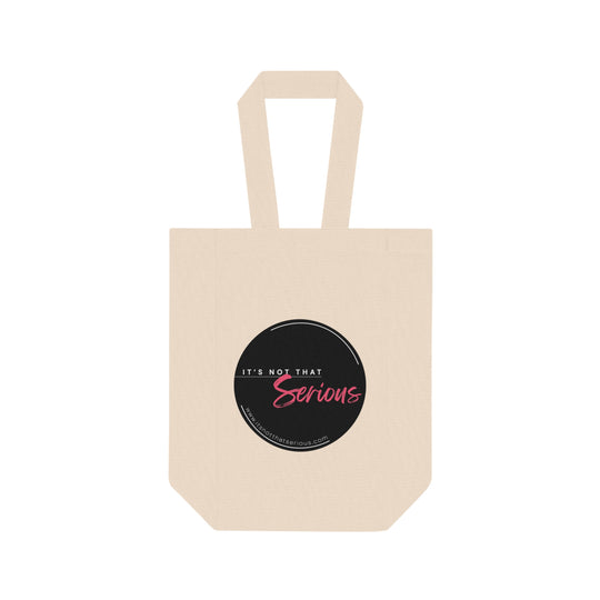 Beige tote bag with a black circular logo featuring text on a white background