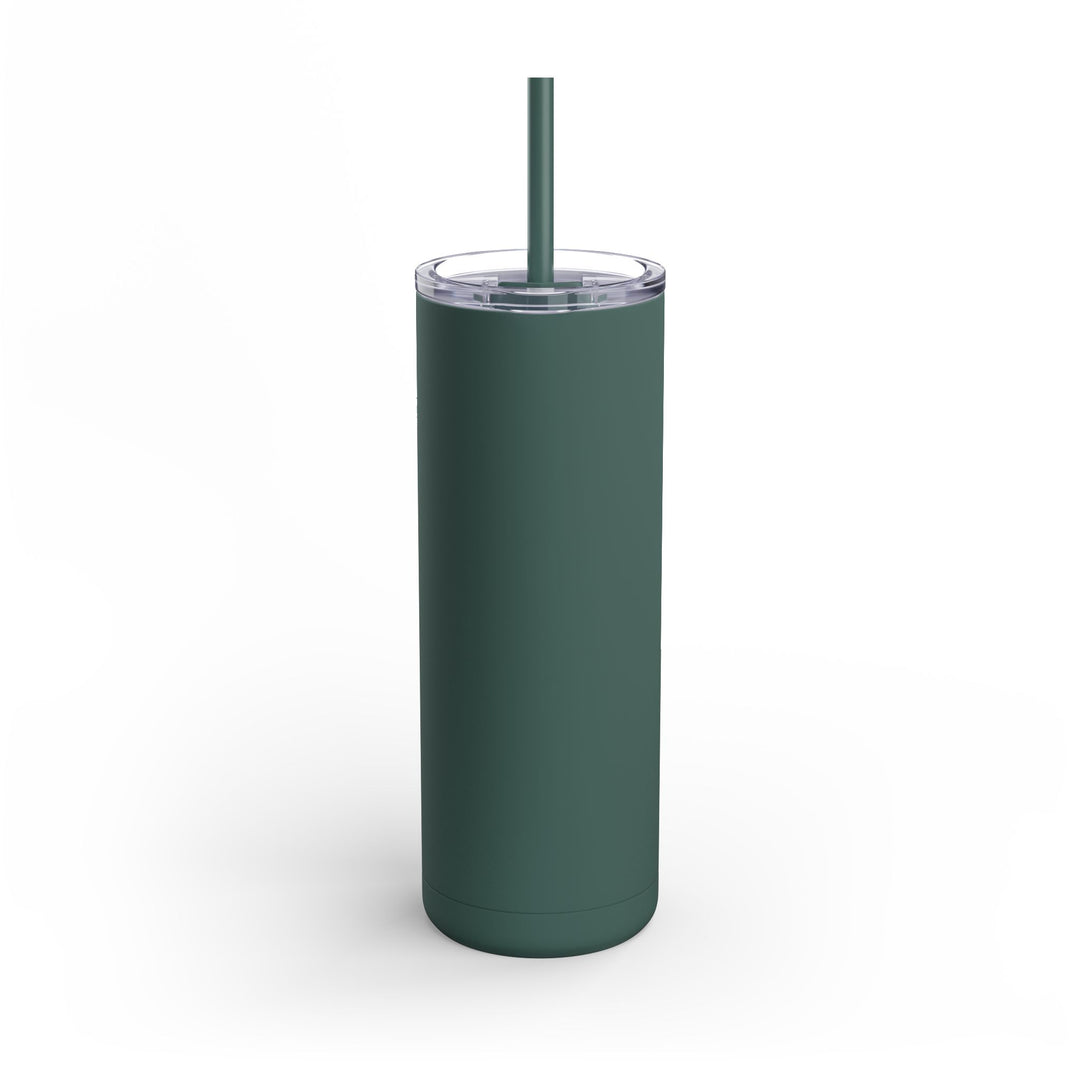 Green tumbler with a straw on a white background