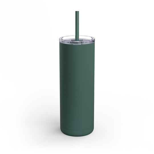 Green tumbler with a straw on a white background