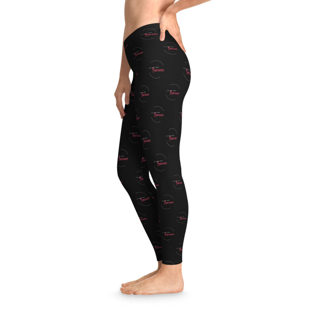 Black leggings with red and white pattern on a white background