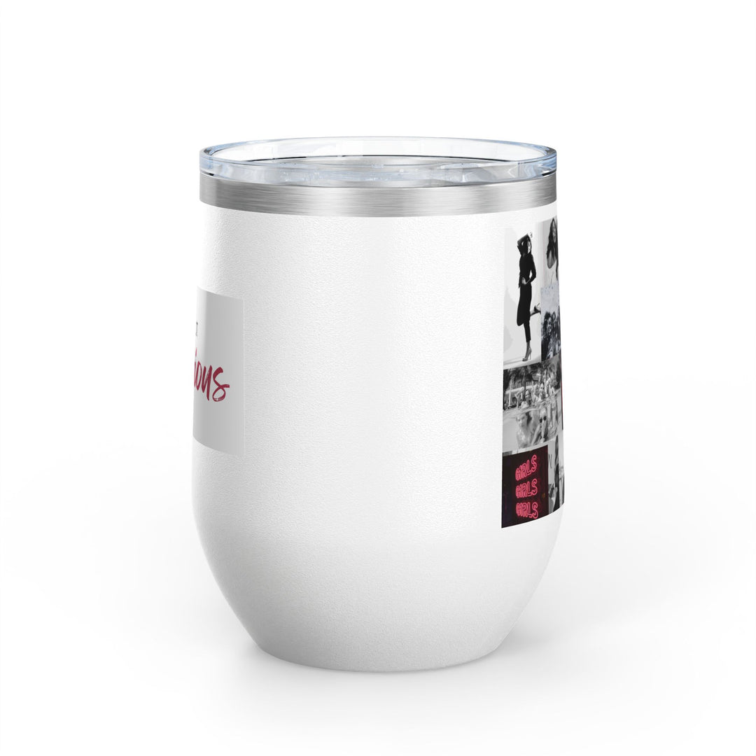 White tumbler with labels on a white background