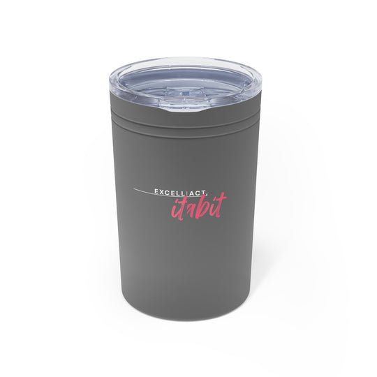 Gray tumbler with 'EXCELLIACT itabit' text on a white background