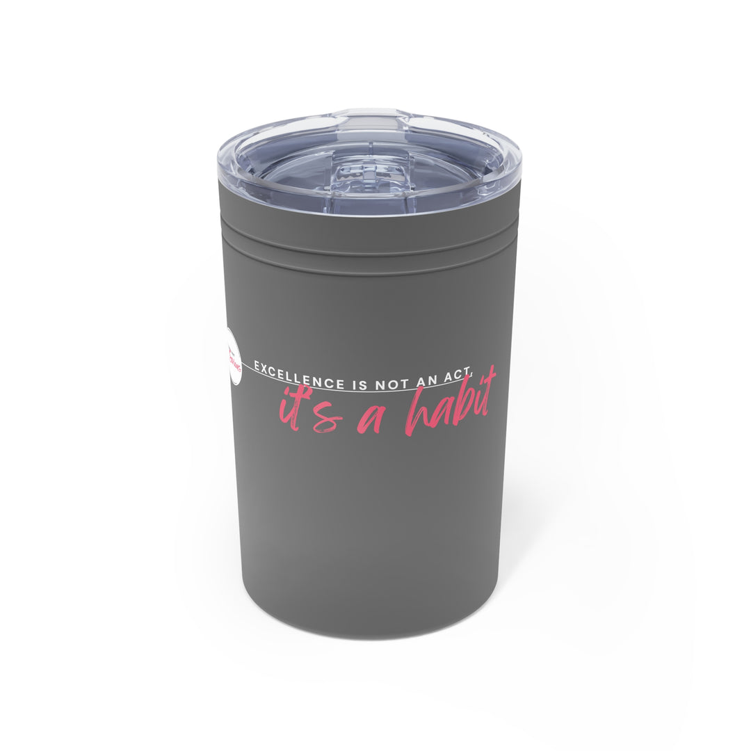 Gray tumbler with motivational quote on a white background