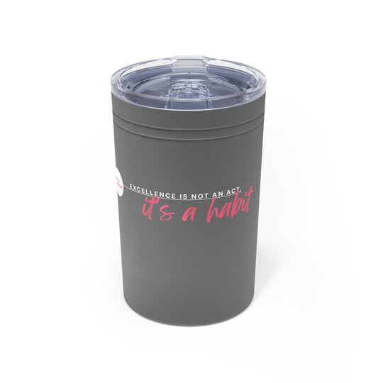 Gray tumbler with motivational quote on a white background
