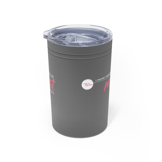 Gray tumbler with brand logo on a white background