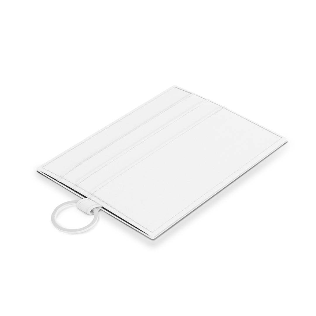 A white faux leather card holder with a red text design on one side, accompanied by a metal keyring.