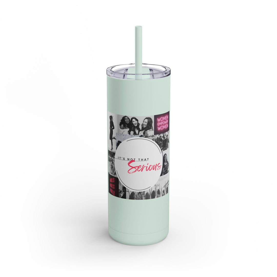 Light green tumbler with a straw featuring a label with text and images on a white background