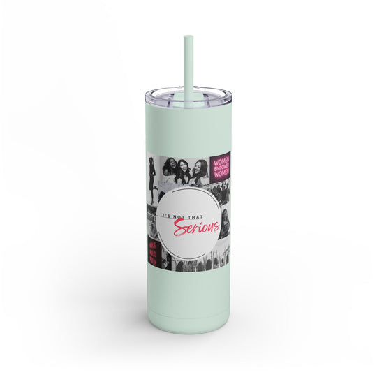 Light green tumbler with a straw featuring a label with text and images on a white background