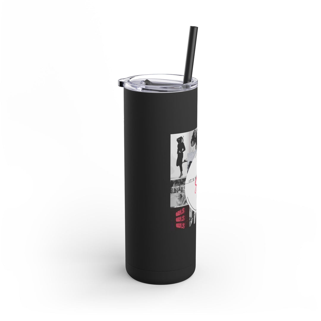 Black tumbler with a design on a white background