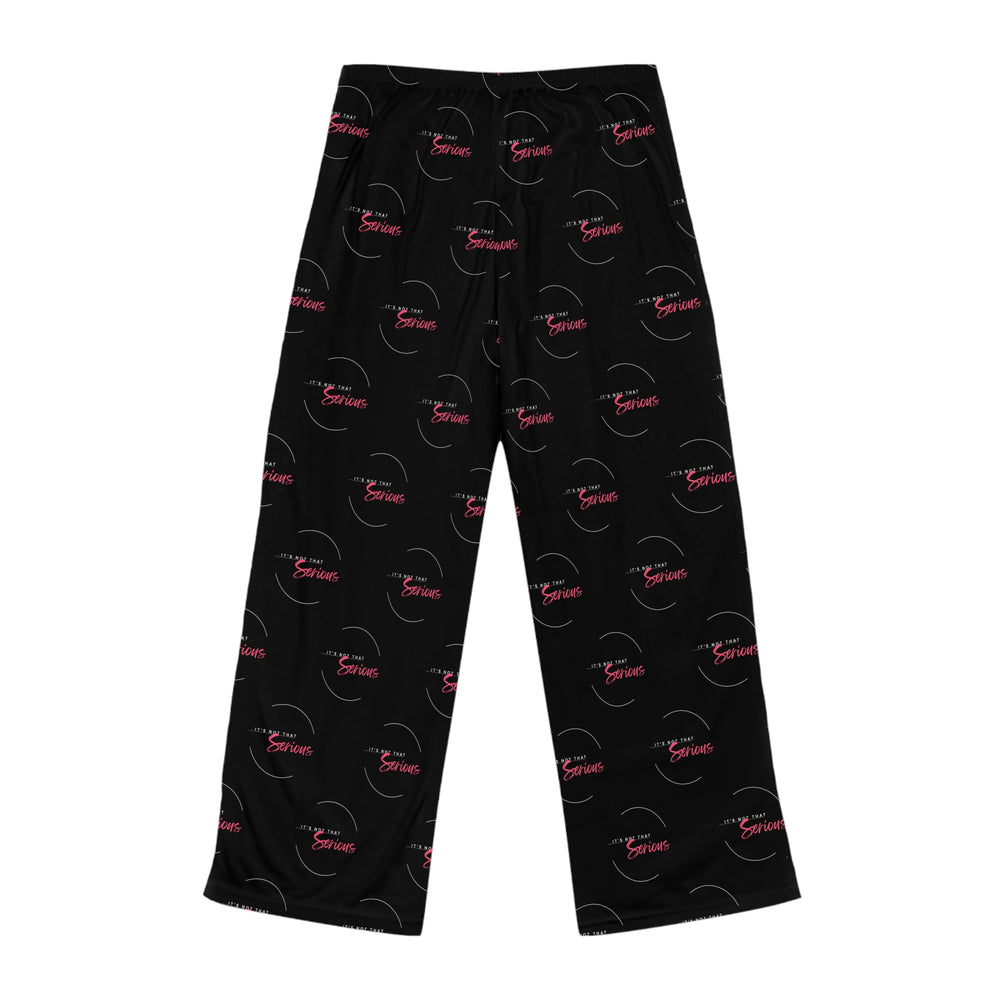 A pair of women's black pajama pants with a red and white text pattern and a drawstring waist.