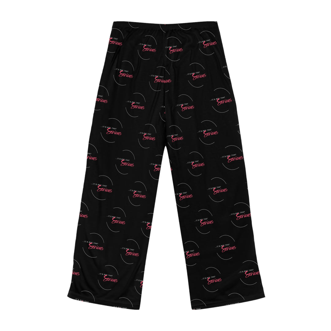 A pair of women's black pajama pants with a red and white text pattern and a drawstring waist.