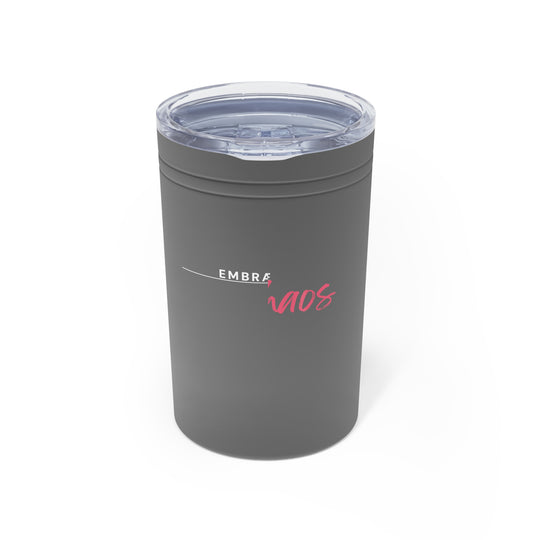 Gray tumbler with 'Embra' logo on a white background