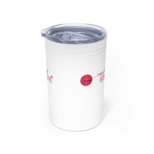 White tumbler with a pink logo on a white background