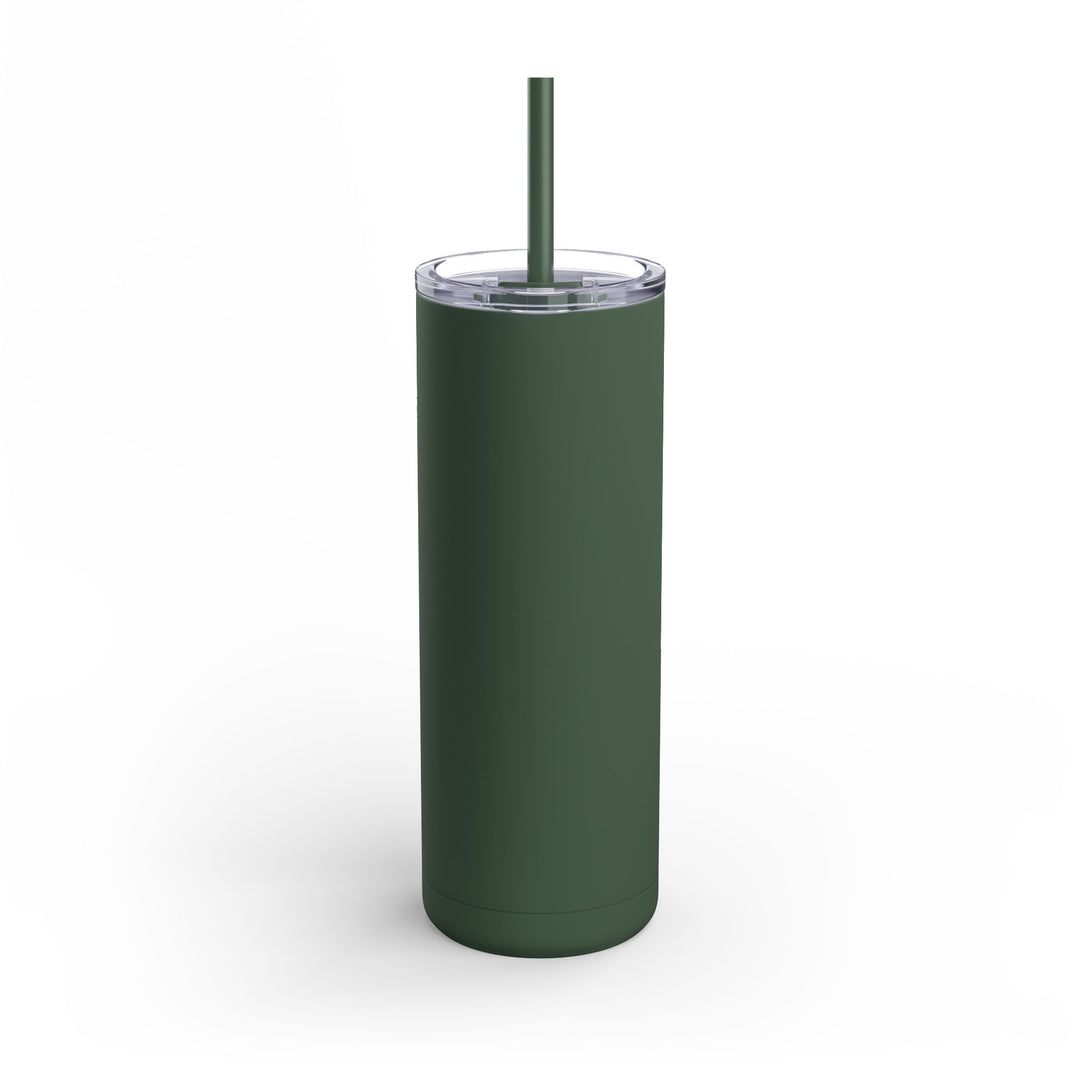 Green tumbler with a straw on a white background