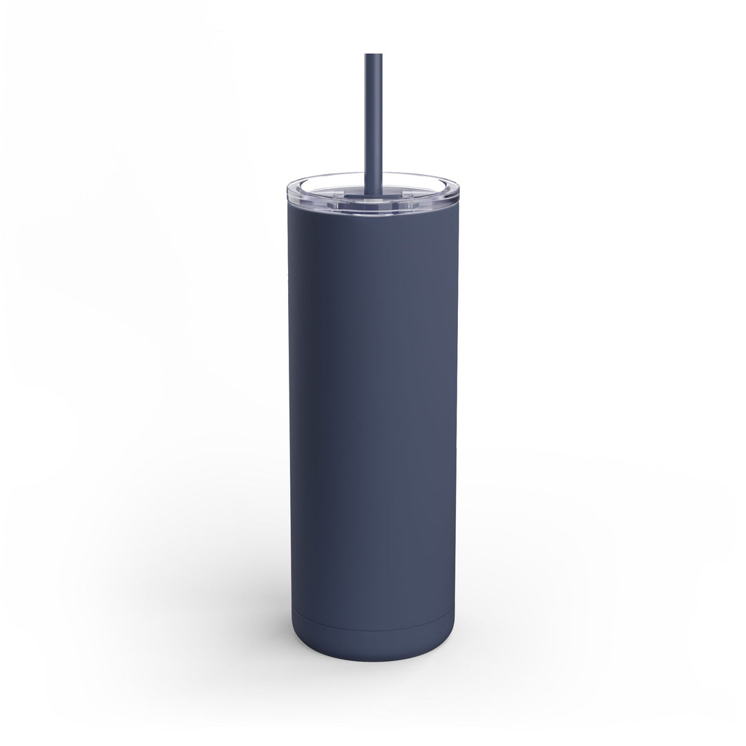 Navy blue tumbler with a straw on a white background