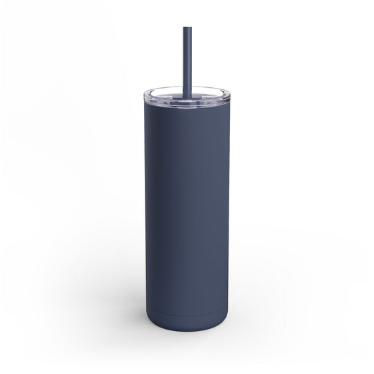 Navy blue tumbler with a straw on a white background