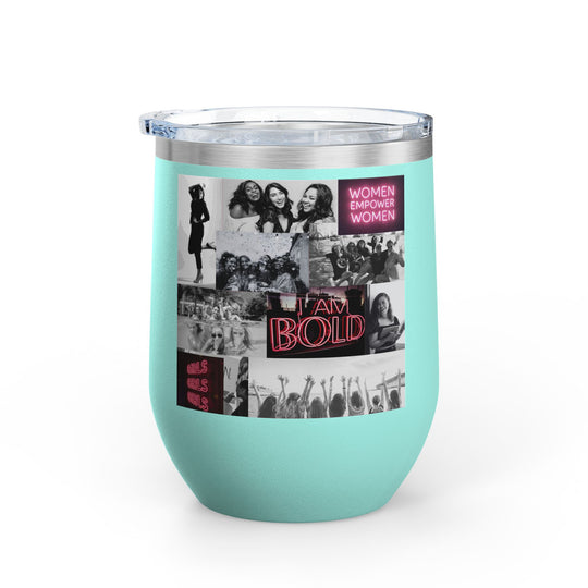 Mint green tumbler with women's empowerment label on white background