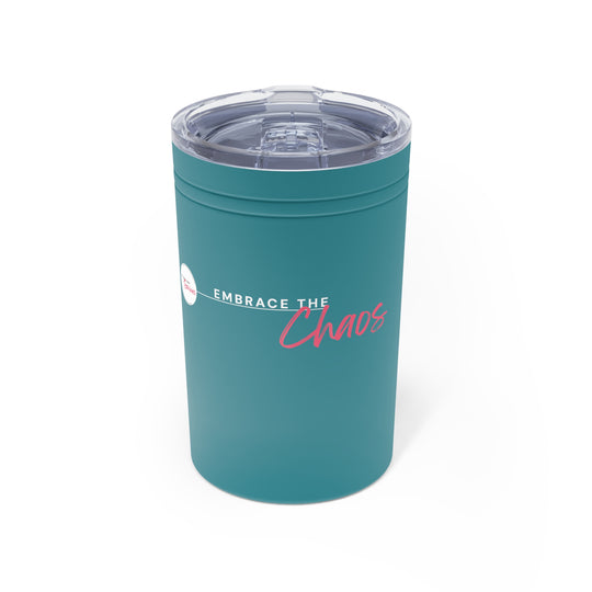 Teal tumbler with 'Embrace the Chaos' text on a white background