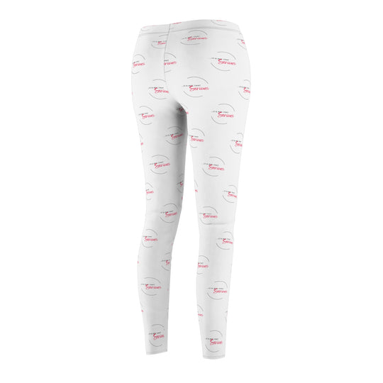 White leggings with red and black logo pattern on a white background