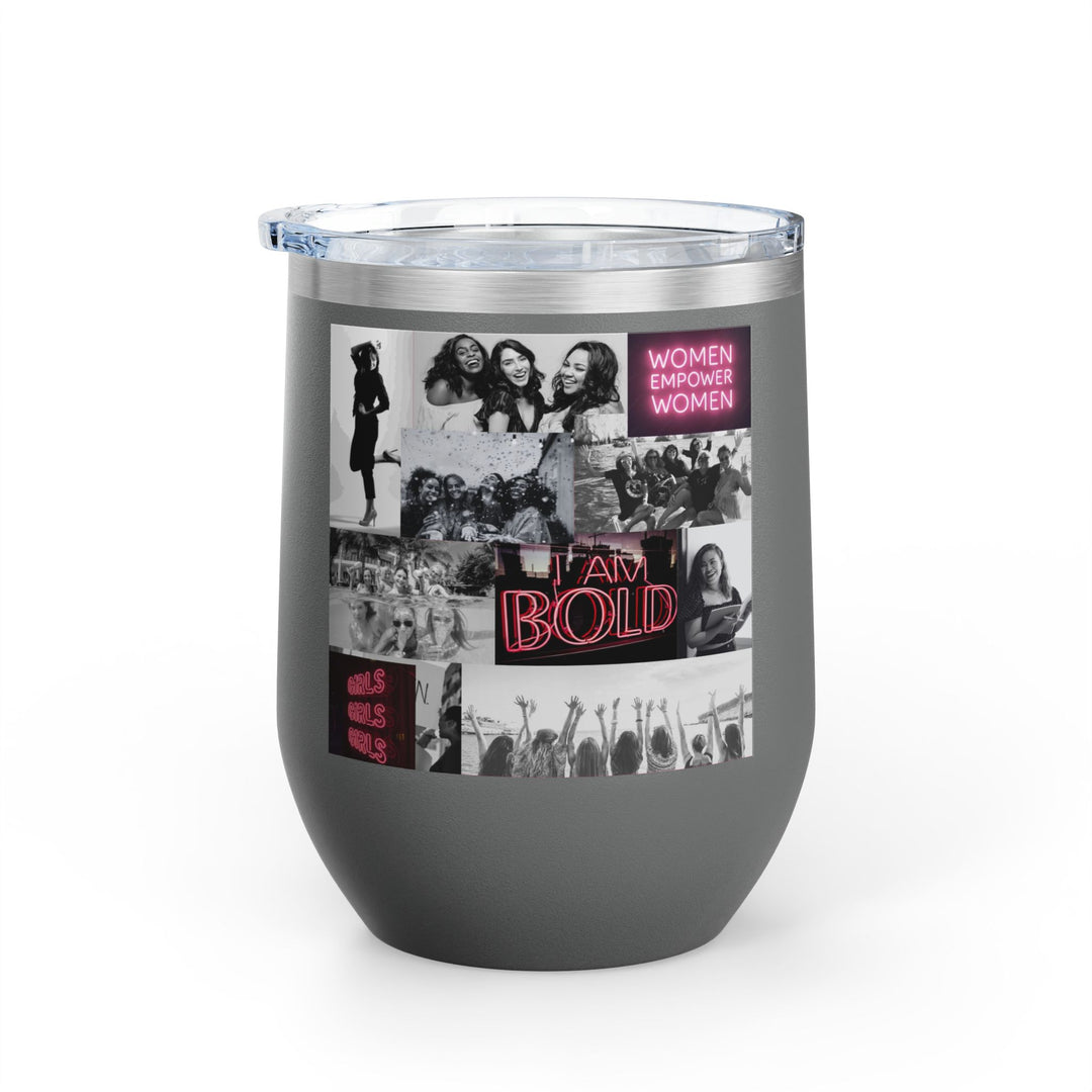 Grey tumbler with women's empowerment label on white background