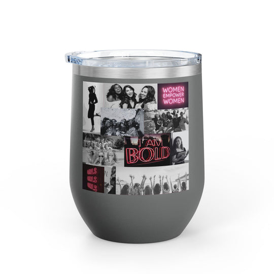 Grey tumbler with women's empowerment label on white background